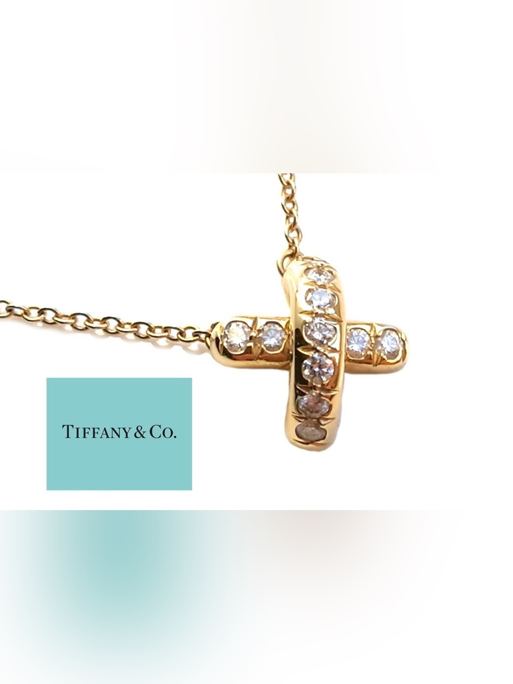 Tiffany & Co 18K Yellow Gold Diamond Signature X Pendant Necklace 16”